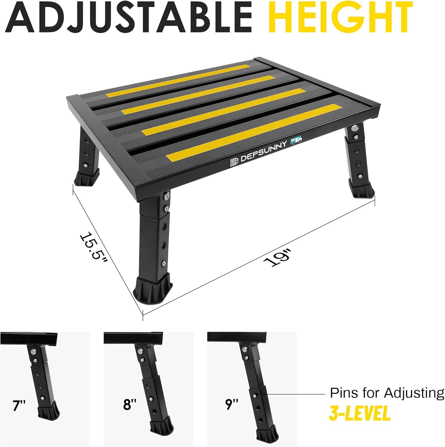 Adjustable RV Step Stool, Wide Platform, Foldable Legs, Black