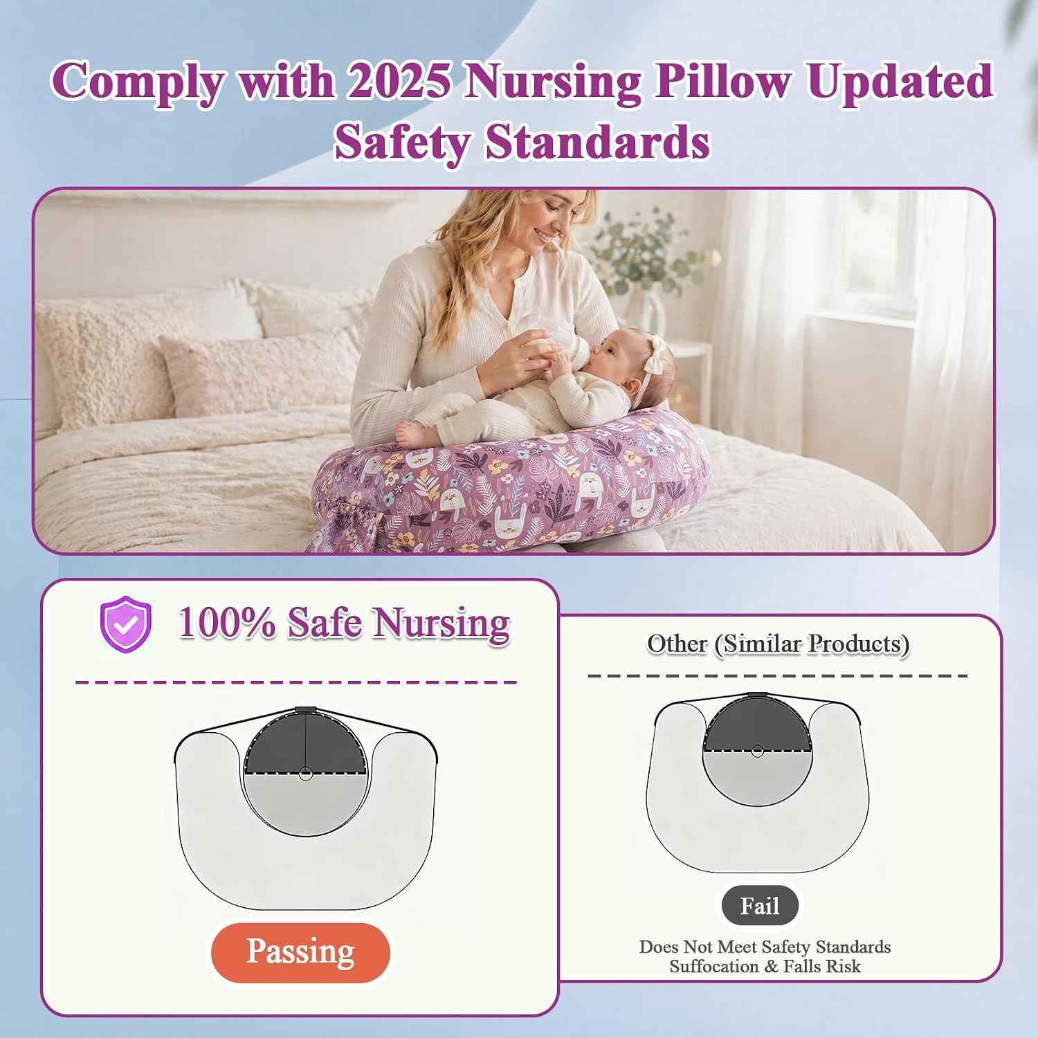 Nursing Pillow & Breastfeeding Pillow with Safety Buckle - Upgraded Design, Large Size for Tummy Time & Sitting Support, Breathable Washable Cover (0-12 Months)