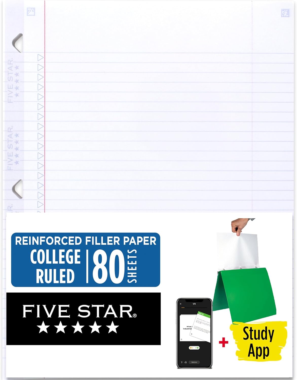 Five Star Loose Leaf Paper + Study App, College Ruled Filler Notebook Paper, Reinforced, Fights Ink Bleed, 8-1/2" x 11", 80 Sheets (170102)