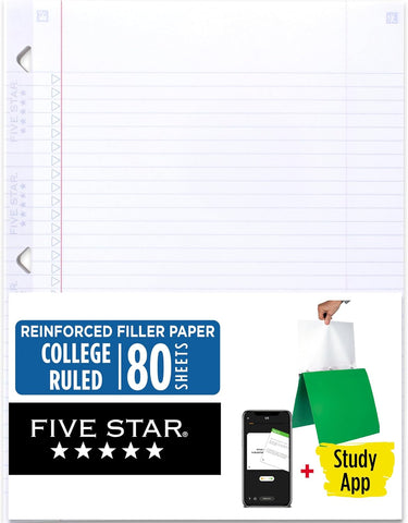 Five Star Loose Leaf Paper + Study App, College Ruled Filler Notebook Paper, Reinforced, Fights Ink Bleed, 8-1/2" x 11", 80 Sheets (170102)
