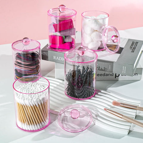 2 Pcs Acrylic Qtip Holder, Cotton Ball Holder Jars with Lids, Pink