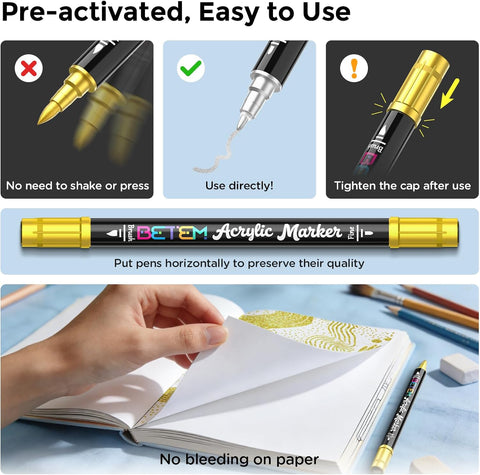 Betem 2 Gold & Silver Paint Markers for Glass, Dual Tip Acrylic Paint Pens