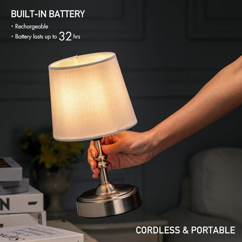 O’Bright Seraph mini – Cordless LED Table Lamp with Dimmer, Built-in Rechargeable Battery, 3-Level Brightness, Patio Table Lamp, Bedside Night Lamp, Ambient Light for Restaurant, Brushed Nickel