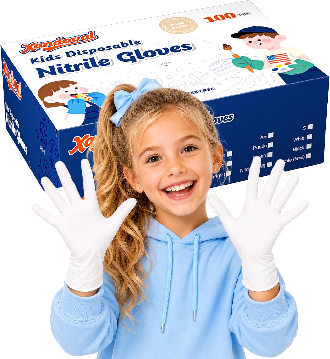Kids Disposable Gloves, 5-Mil Safe White Nitrile, Small, 100Ct