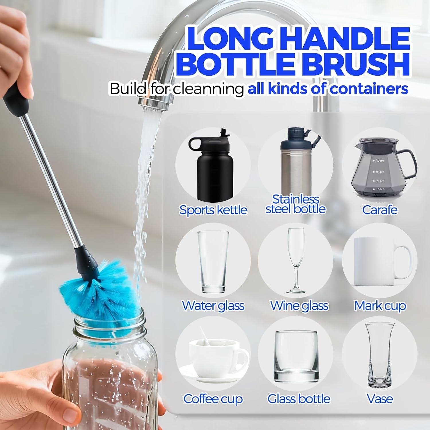 Holikme 4 Pack Bottle Brush 14.5" Long Handle Stainless Steel Brush,Blue