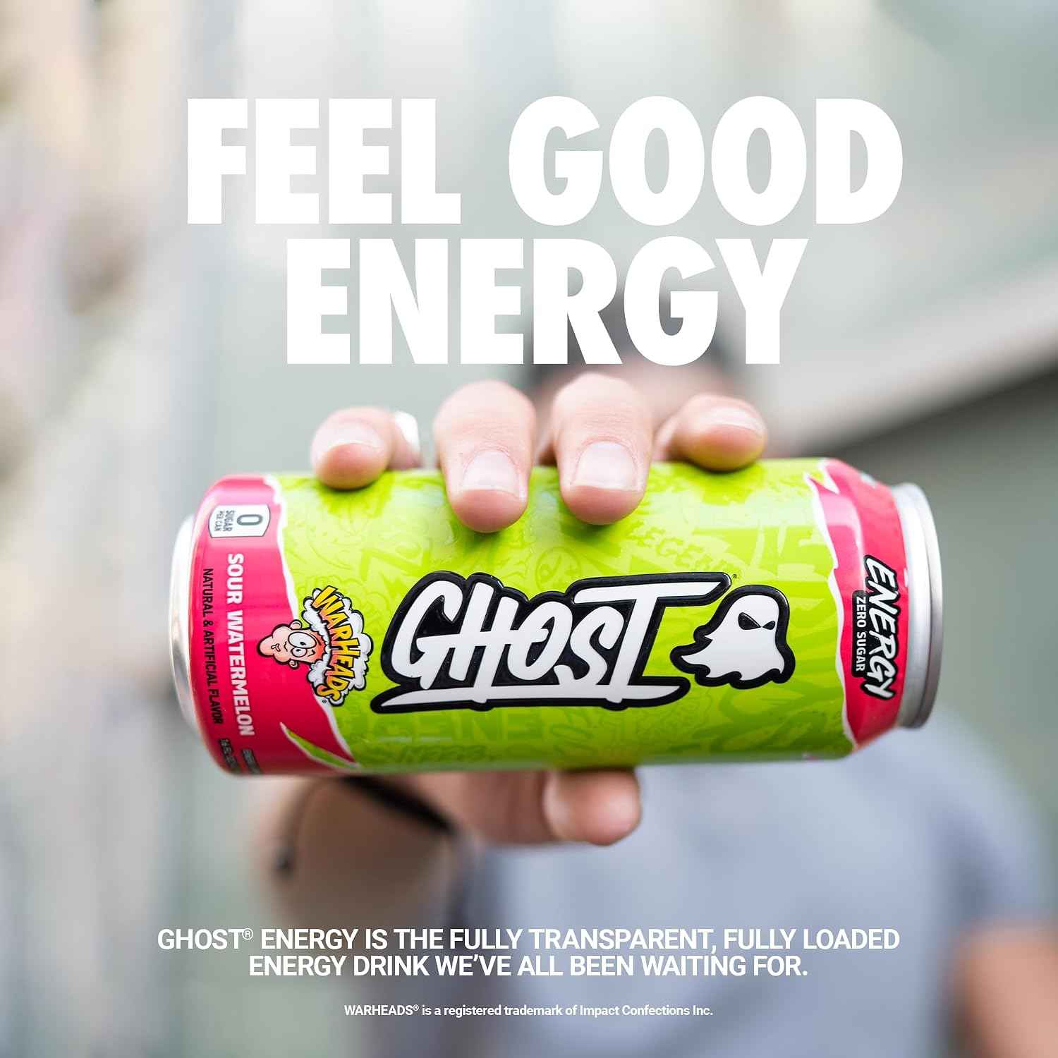 GHOST Energy Drink, Zero Sugars, 12-Pack, Warheads Sour Watermelon, 16oz