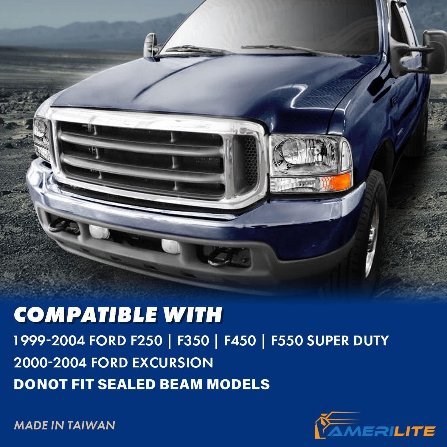 AmeriLite for 1999-2004 Ford Super Duty F250 F350 F450 F550 | Excursion Chrome Factory Style Replacement Headlights w/Corner Bumper Corner Set - Passenger and Driver Side