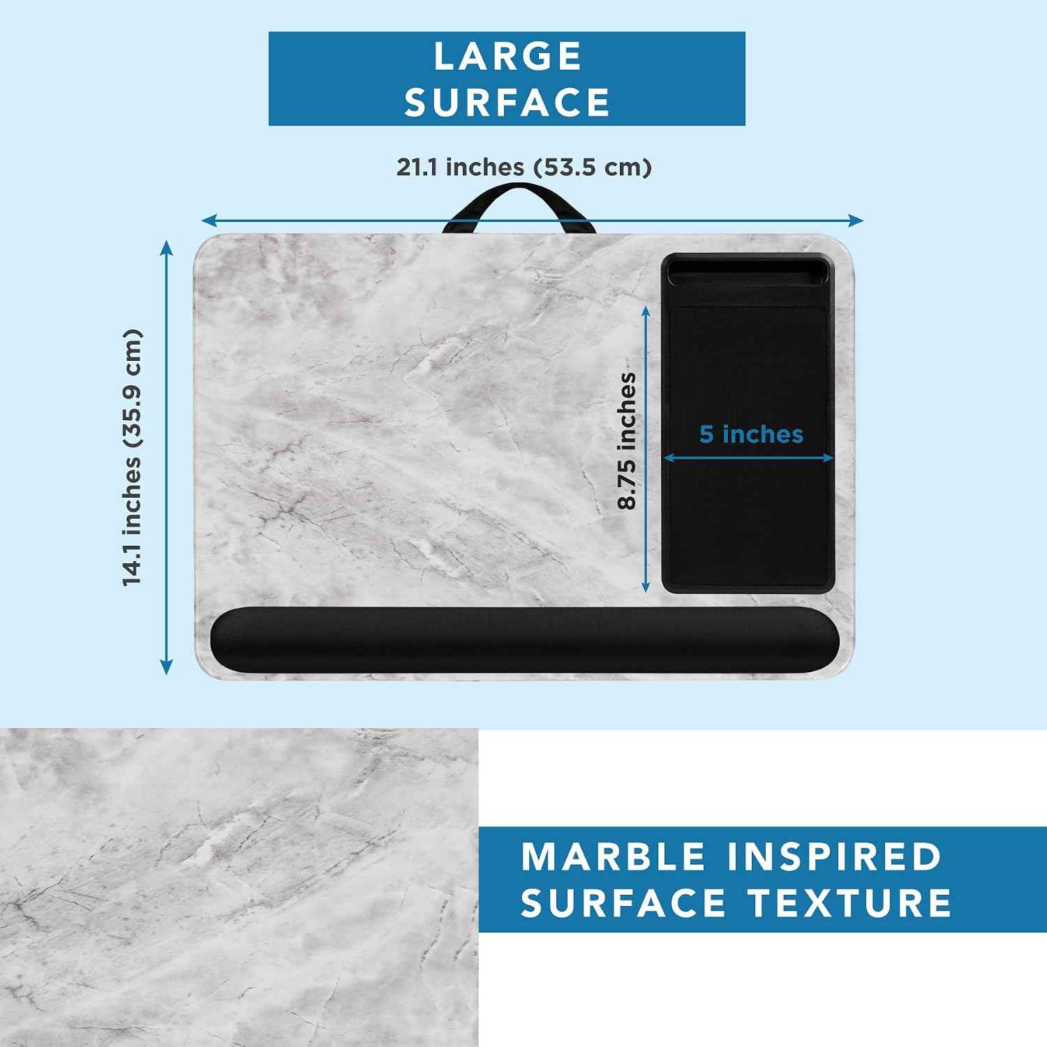LAPGEAR Home Office Pro Lap Desk – White Marble, Fits 15.6” Laptops | Built-In Mouse Pad & Phone Slot, Wide Cushioned Wrist Rest, Dual-Bolster Microbead Cushion, Carry Handle