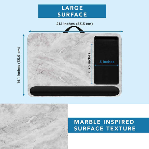 LAPGEAR Home Office Pro Lap Desk – White Marble, Fits 15.6” Laptops | Built-In Mouse Pad & Phone Slot, Wide Cushioned Wrist Rest, Dual-Bolster Microbead Cushion, Carry Handle