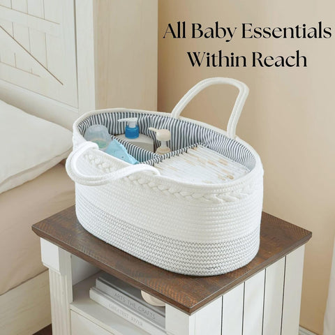luxury little Diaper Caddy Organizer, Large Cotton Rope Nursery Baby Basket, Changing Table Organizer for Baby Diaper Storage, Portable Car Organizer Removable Divider (Off White, Large)