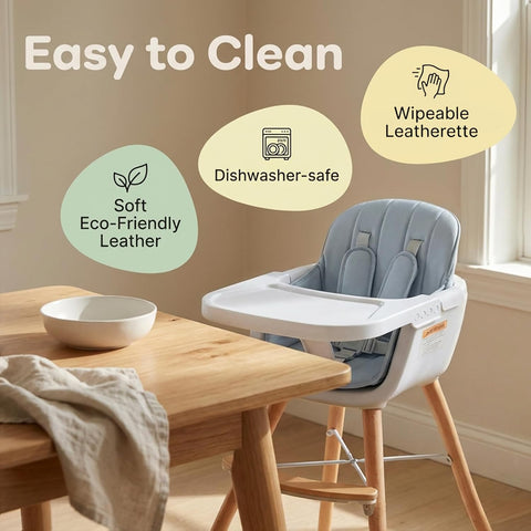 Mallify 3-in-1 Wooden High Chair, Convertible High Chairs for Babies and Toddlers, Baby Highchair with Adjustable Legs & Dishwasher-Safe Tray, Sleek Hardwood & Premium PU Cushion, Blue