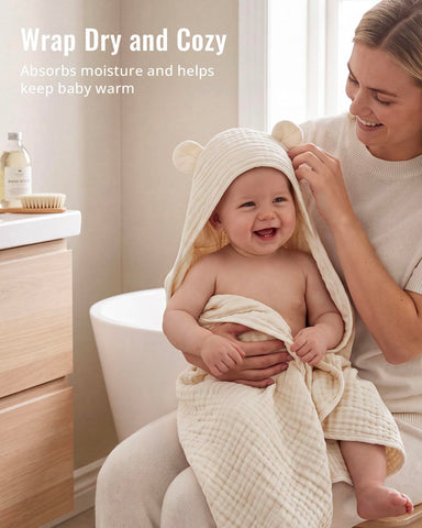Blissful Diary Muslin Baby Hooded Towel 2 Pack, Soft & Absorbent Bath Towel for Infant, Toddler, Unisex, Baby Gift, Newborn Essentials, Gray Elephant & Beige Bear