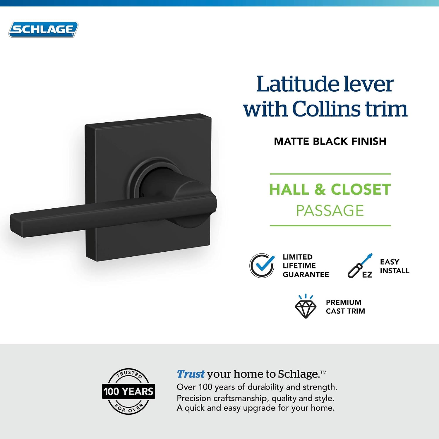 Schlage Latitude Hall/Closet Passage Door Handle, Reversible, Matte Black