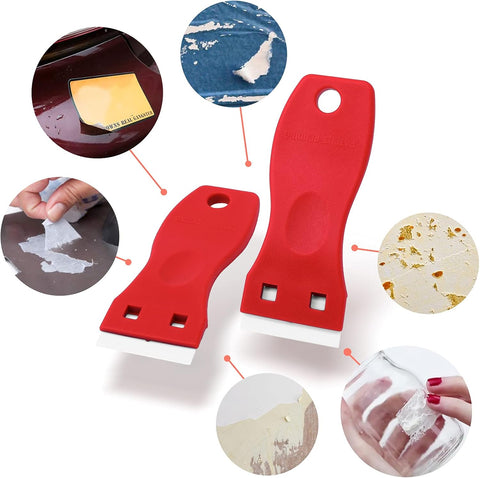FOSHIO 2PCS Plastic Razor Blade Scraper Tool and 100PCS Plastic Blades for Gasket Remover, Sticker Remover, Labels Decal and Adhesive Remover for Windows and Glass (Red)