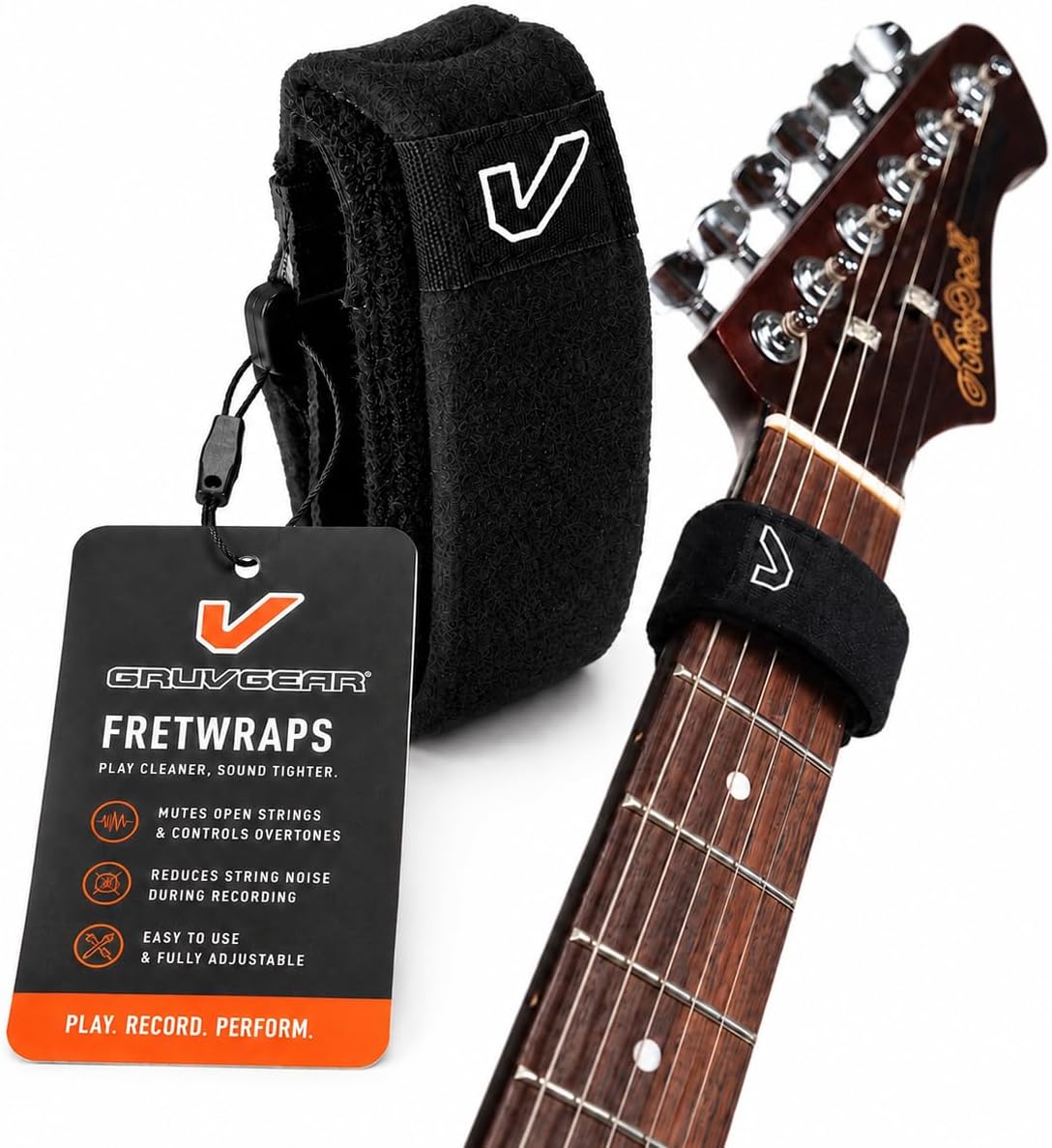Gruv Gear Fret Wrap & Guitar Mute, Fretwrap for Acoustic, Electric & Bass | String Dampener Recording, Tapping & Practice Accessory (1 Pack, Large Black, Fits 6 String Bass, 8 String Guitar)