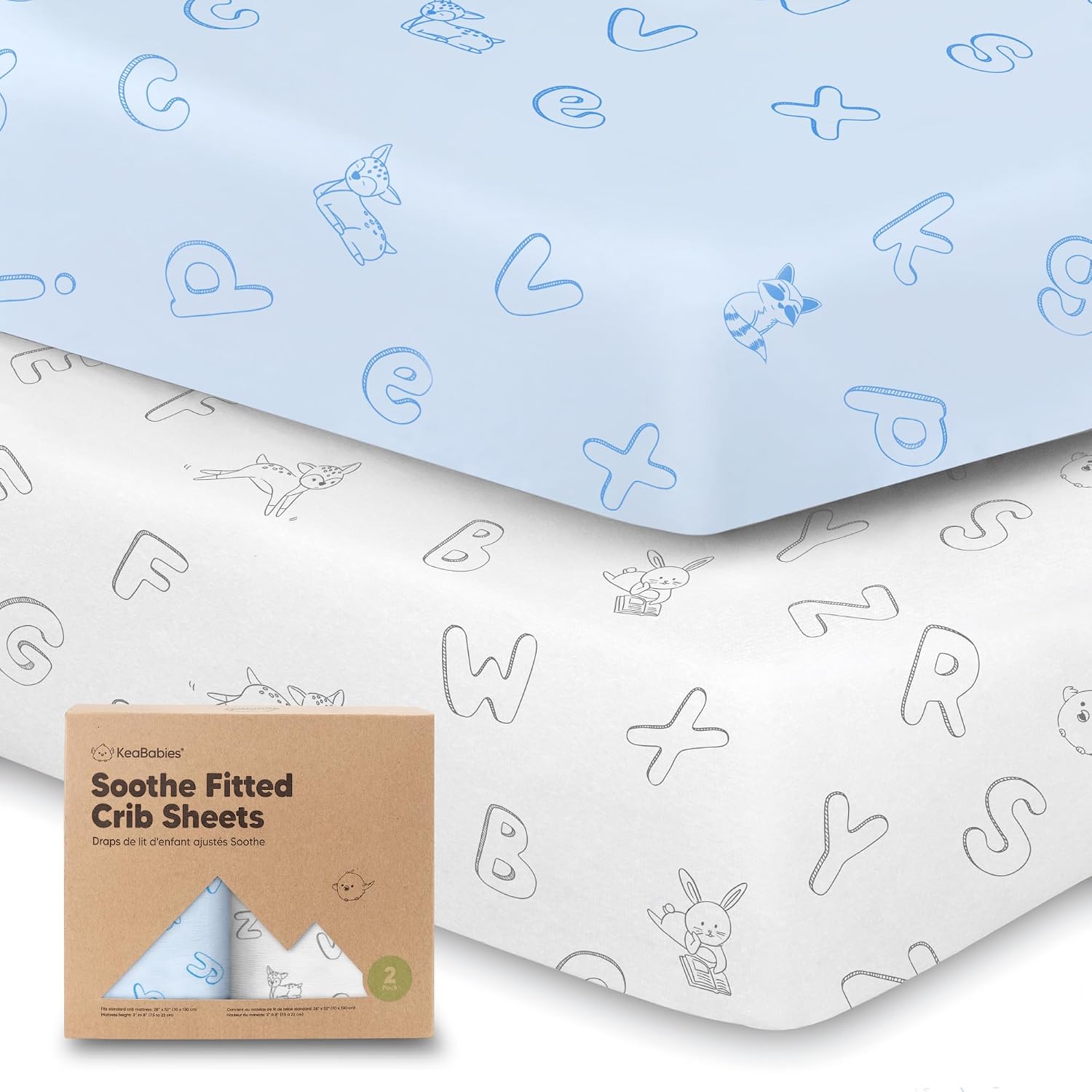 KeaBabies 2pk Organic Cotton Crib Sheets for Boys Girls 52x28, ABC Land Sky
