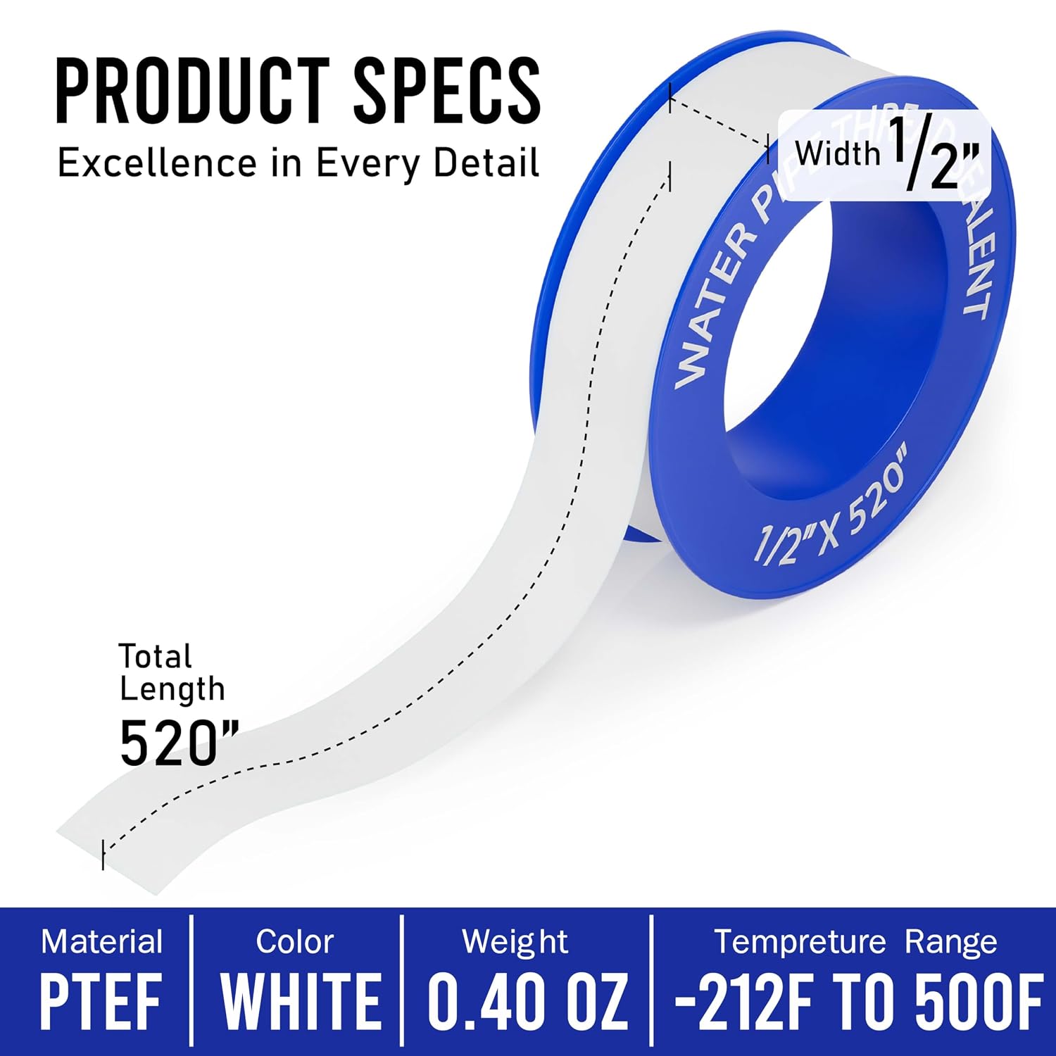 D-NYX Plumbers PTFE Pipe Sealant Tape 1, 4 or 5 Rolls 1/2 Inch(W) X 520 Inches(L) Teflon Plumbers Tape, Flex Seal Tape Waterproof, Plumbing Thread Tap, Water Pipe Sealing (1 Pack)