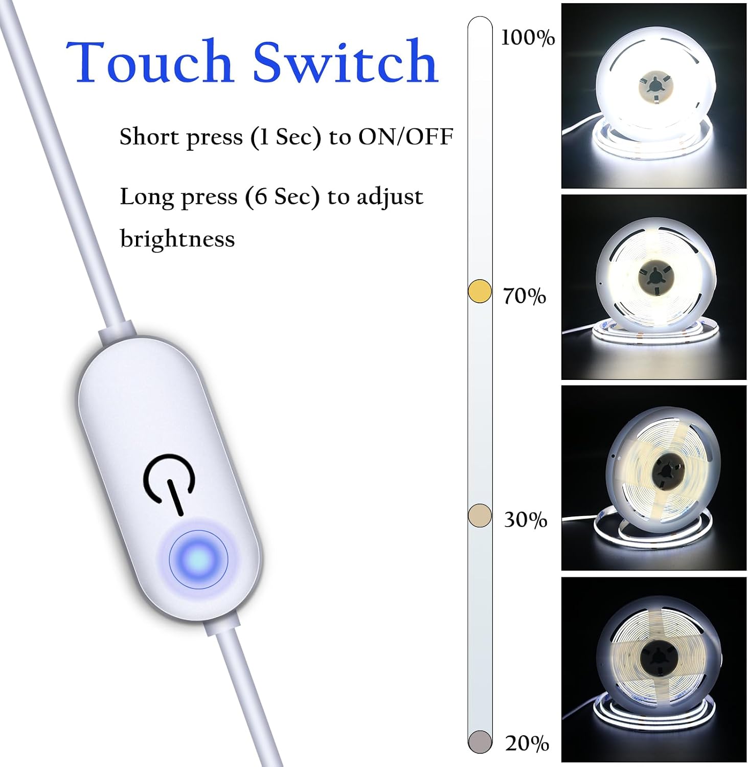 LED Strip Lights,5V USB COB Touch Dimmable 6000K White(6.56ft/2m)