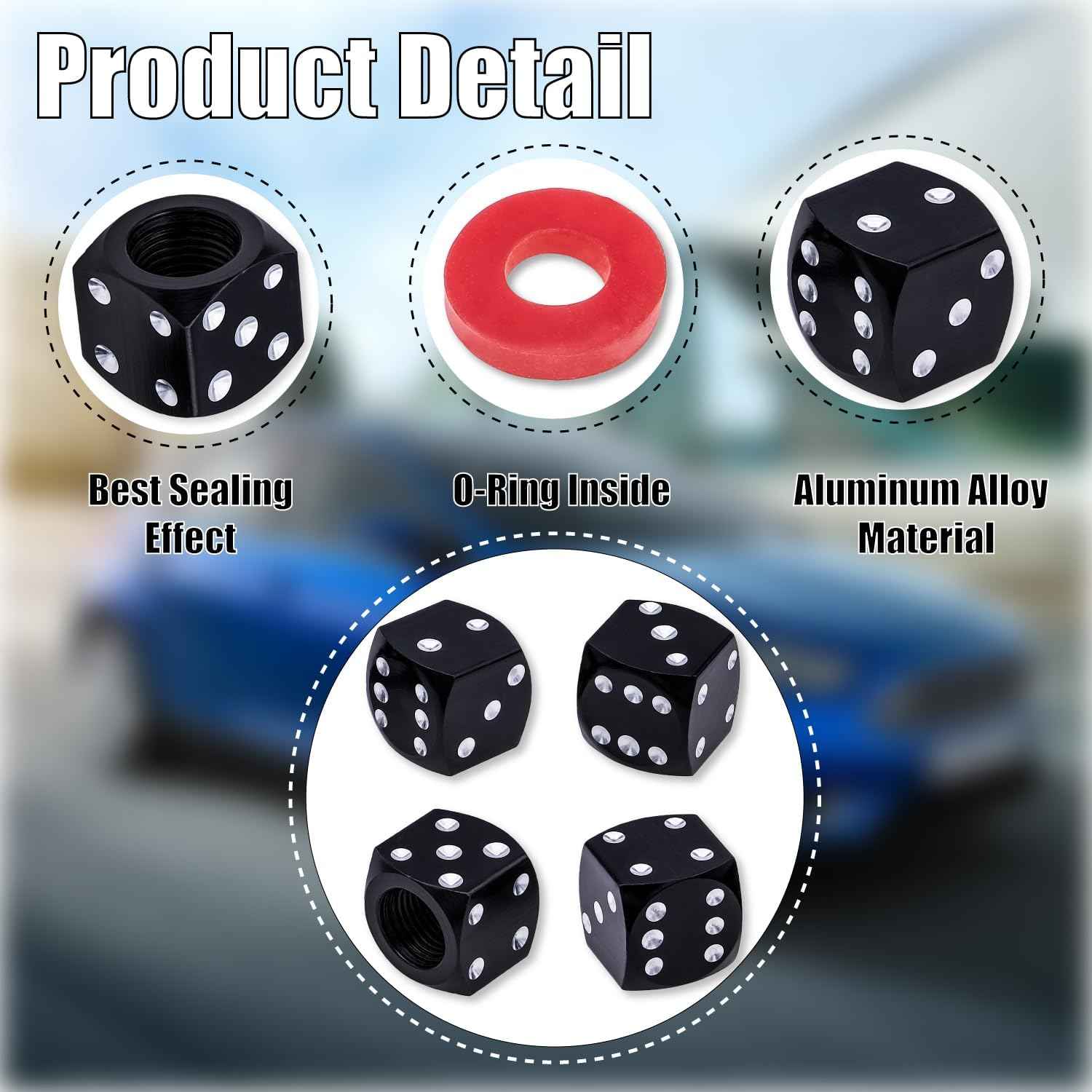 4PCS Dice Style Tire Valve Stem Caps, with O Rubber Ring, Universal Aluminium Alloy Dustproof Tire Valve Stem Covers for Cars, SUV, Trucks, Bikes, Motorcycles, Bicycles(Black)