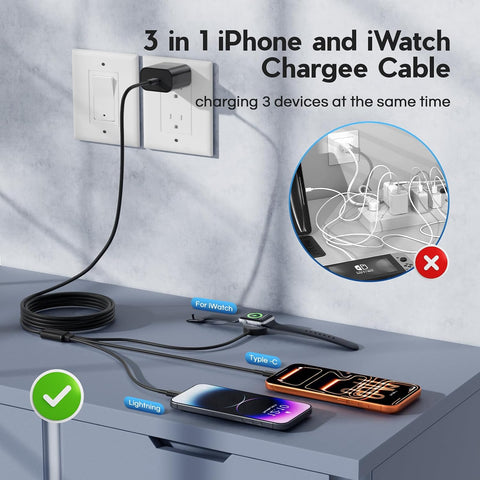 Upgraded Apple Watch Charger, 3 in 1 Multi Charging Cable 6FT, Magnetic Fast Charger, Portable Fast Charging Cable Cord for iWatch Series Ultra SE 3/11/10/9/8/7/6/iPhone17 16 15/14/13/12/11,Black