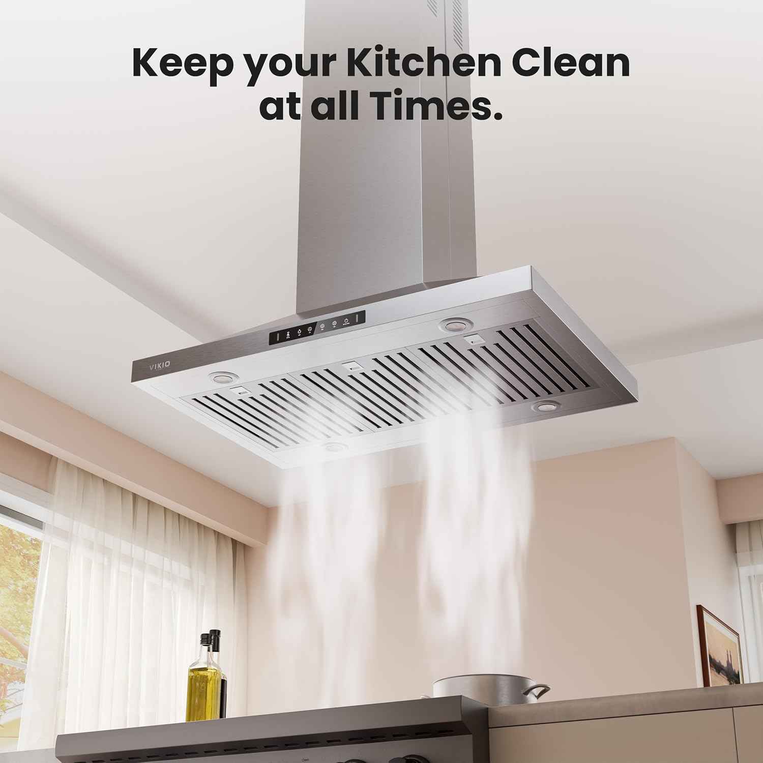 VIKIO HOME Island Range Hood 36 Inch, 390 CFM kitchen Hood with Touch/Gesture, Ceiling Mount, Convertible Ducted/Ductless, 3-Speed Fan, 3 Stainless Steel Baffle Filters