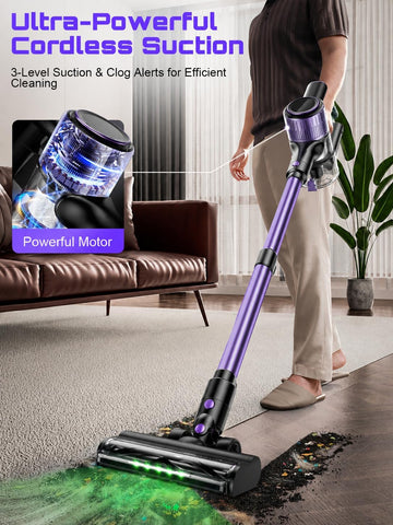 Cordless Vacuum Cleaner, 10 in 1 Stick Vacuum with Powerful Suction, Hose, Green LED Light, Anti-Tangle Brush, Lightweight Rechargeable Vacuum Cleaner for Home, Hardwood Floors,Pet Hair (Purple)