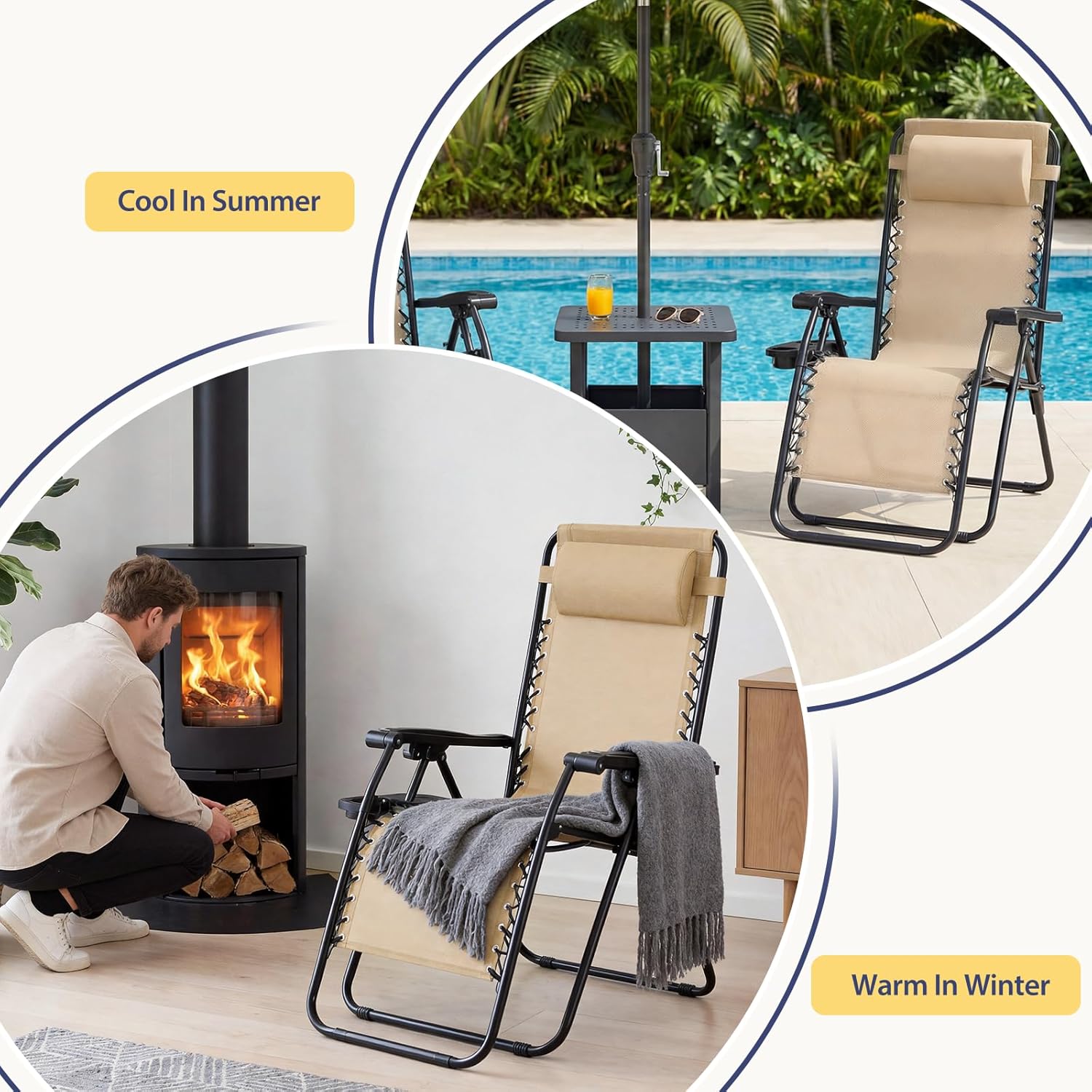 Sweetcrispy Zero Gravity Chairs, Set of 4 Portable Recliner Beach Camping Patio Outdoor Folding Lounge Chair with Cup Holder Trays and Adjustable Pillow for Poolside, Garden, Backyard, Lawn, Khaki