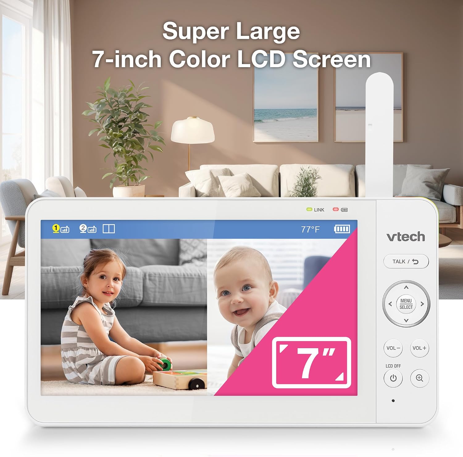 VTech Baby Monitor No WiFi, 2 Cameras, 7" Split IPS Screen, 5000mAh 12Hr Battery, 360° Pan Tilt Zoom, Night Vision, Night Light | Advanced Max Twin Tan