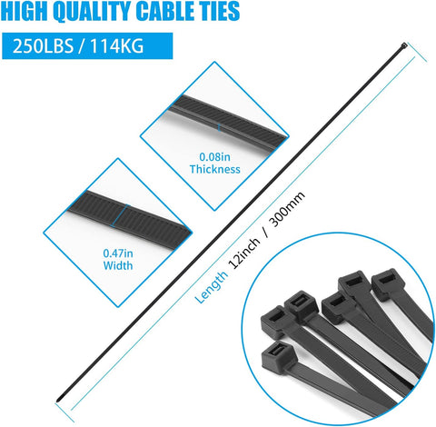 Armpow 12 inch Black Zip Ties Heavy Duty 80 PCS, 250 LBS Ultra Exclusive Strong Plastic Wire Ties, Large Cable Ties Extra Long Tie Wraps, Indoor and Outdoor UV Resistant
