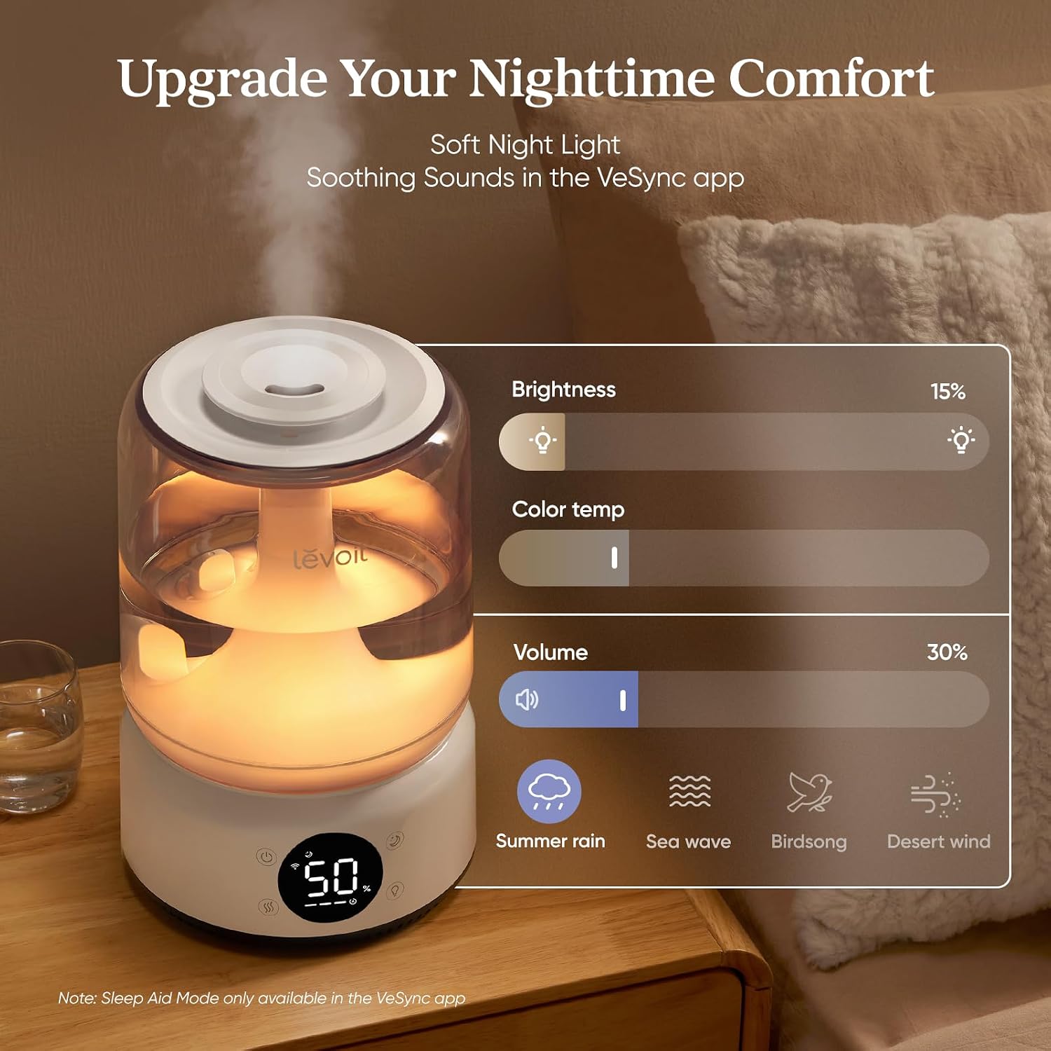 LEVOIT Smart Humidifier for Bedroom, 4.2L Top Fill Cool Mist for Large Room