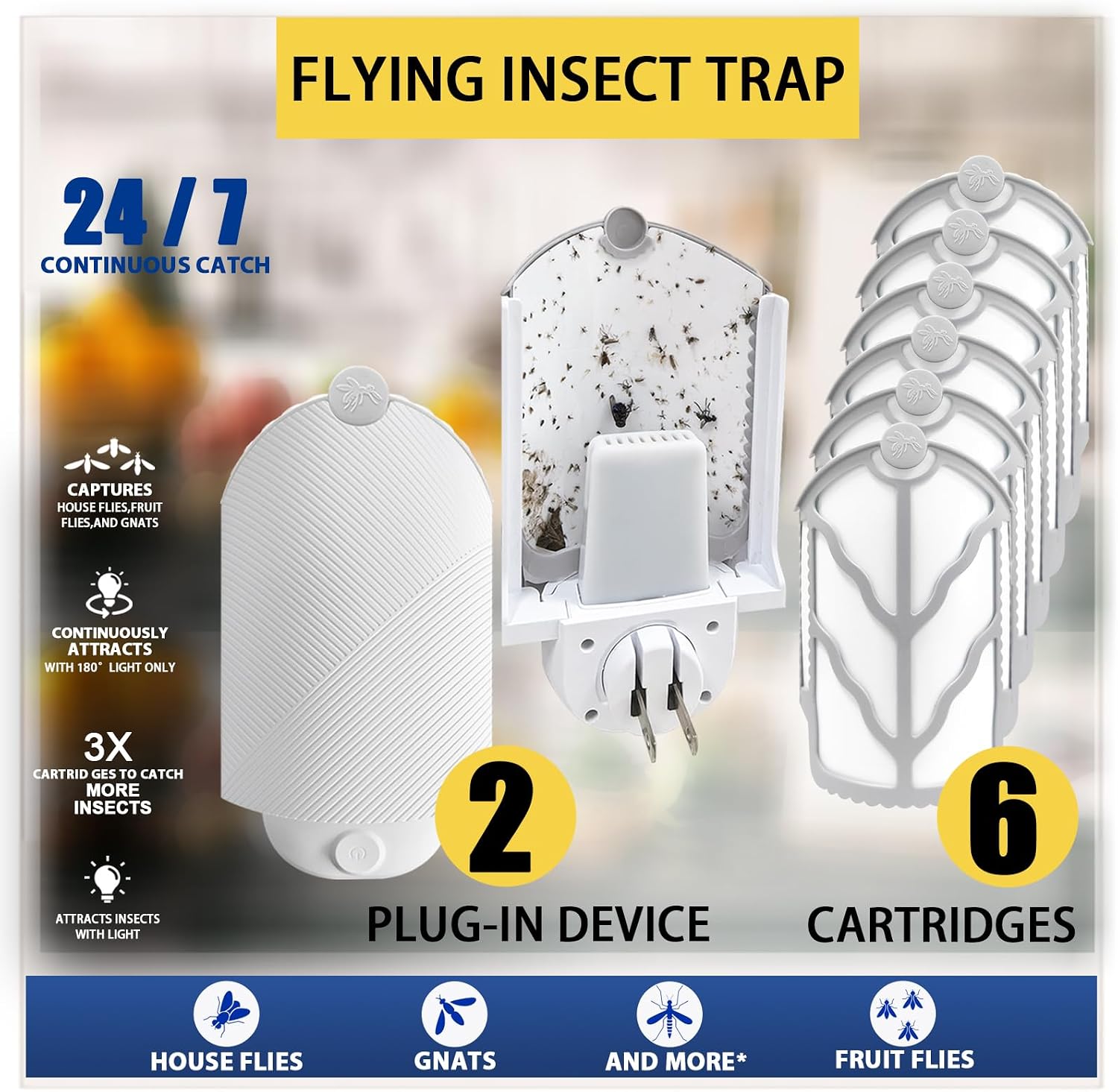 Flying Insect Trap for Indoor Use (2 Starters & 6 Refill Cartridges), UV Light Bug Catcher for Fruit Flies, Gnats & Small Flying Pests, Silent, No-Zap, Mess-Free
