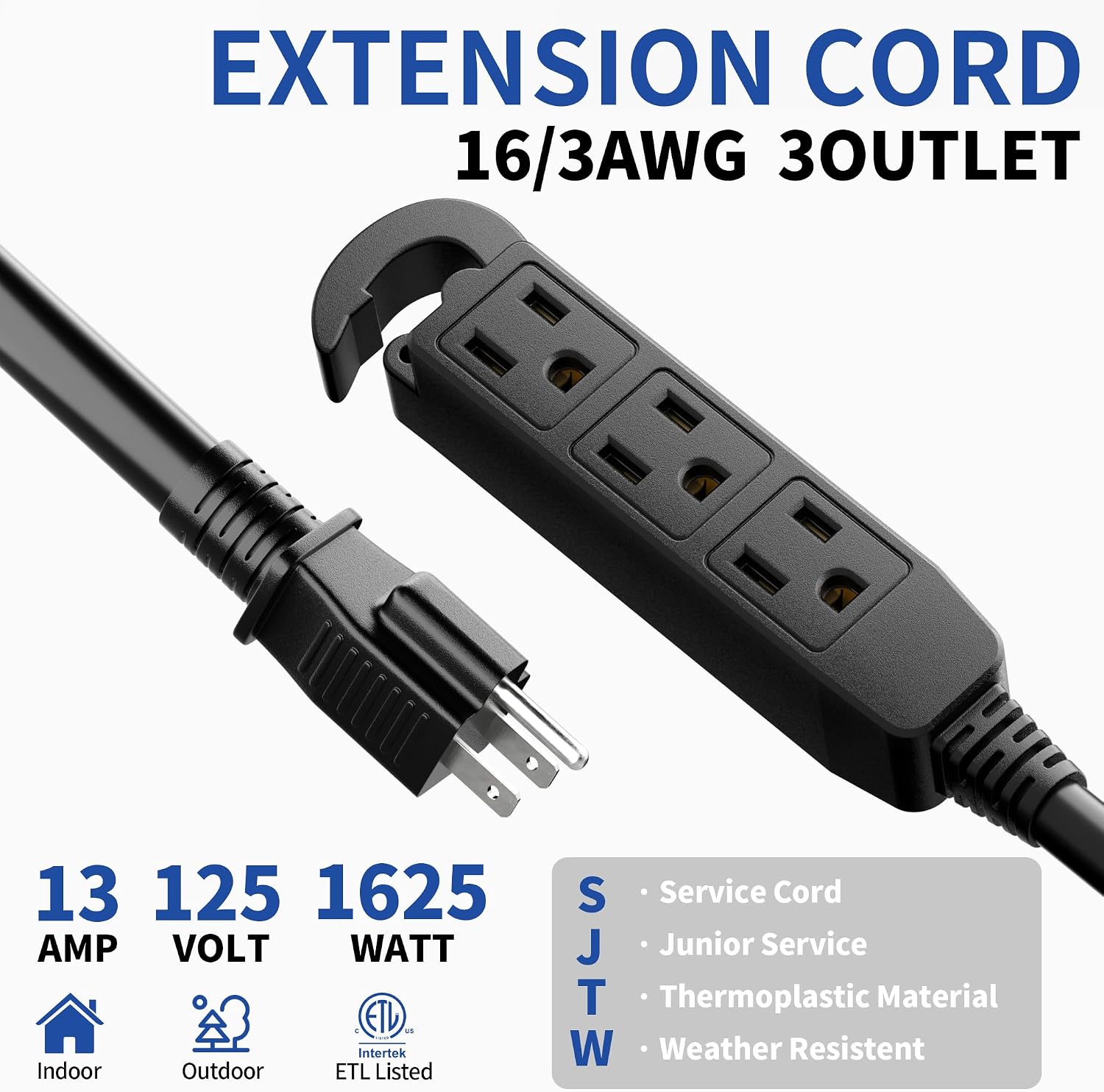 10Ft 3 Prong Multiple Outlets Outdoor Extension Cord, Black