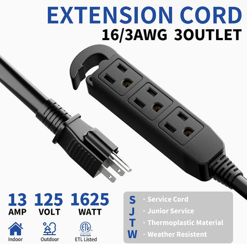 10Ft 3 Prong Multiple Outlets Outdoor Extension Cord, Black