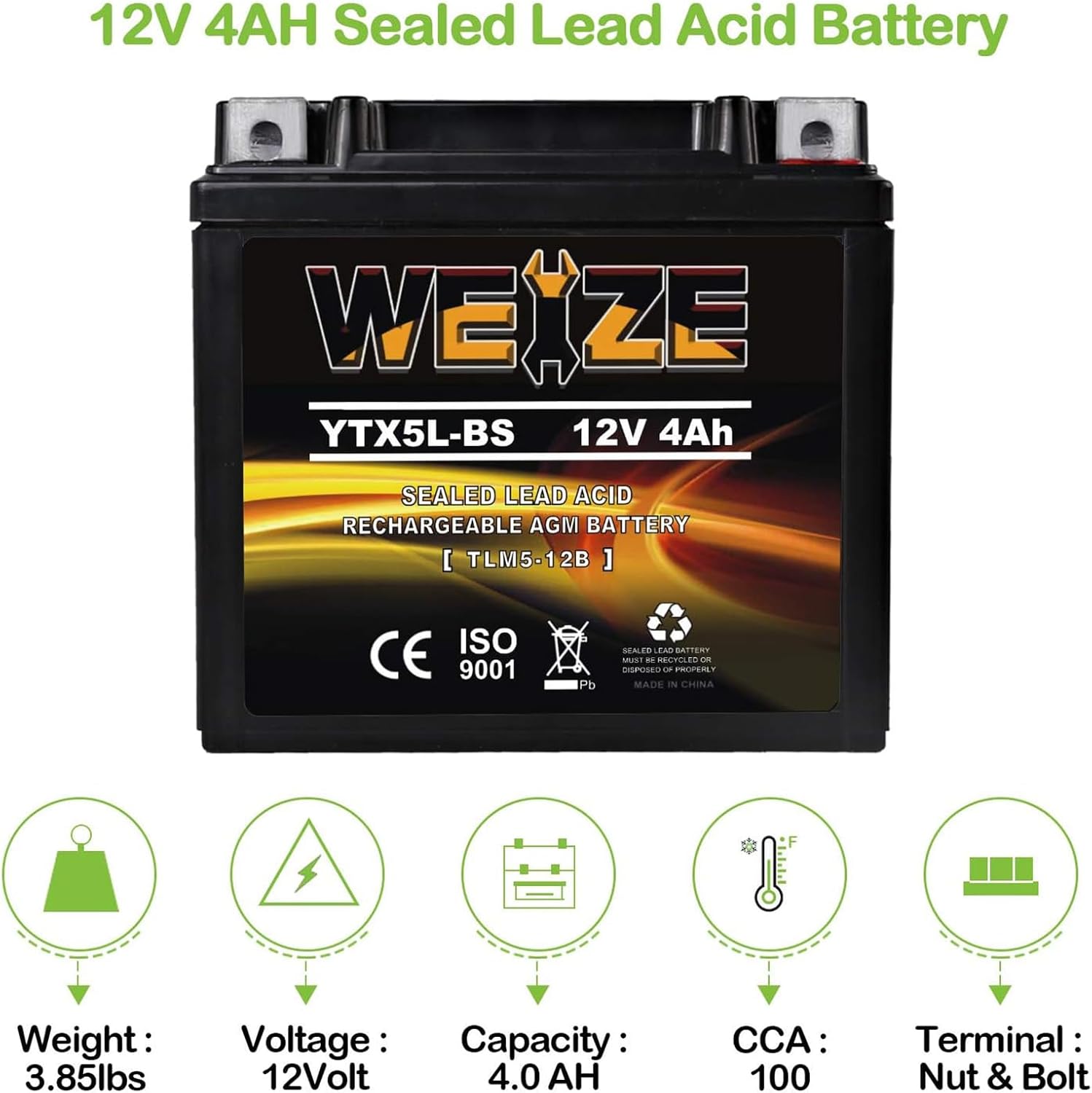 Weize YTX5L-BS High Performance - Maintenance Free - Sealed AGM Motorcycle CTX5L Battery compatible with Honda YUASA Yamaha ETX5L-BS Batteries