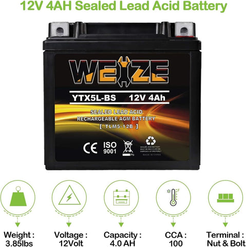 Weize YTX5L-BS High Performance - Maintenance Free - Sealed AGM Motorcycle CTX5L Battery compatible with Honda YUASA Yamaha ETX5L-BS Batteries