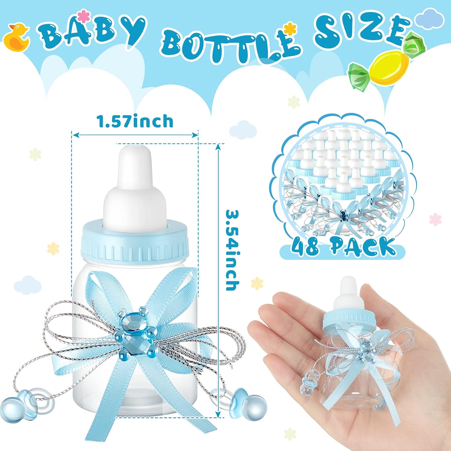 Nuenen 48 Pcs Baby Shower Milk Bottles with Ribbon Plastic Bear Candy Bottles Baby Shower Favors Gender Reveal Wedding Birthday Party Decorations(Blue)