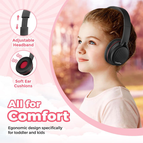 TuneFlux Kids Headphones with Cord for School, 85dB, 3.5mm Jack-Black Red
