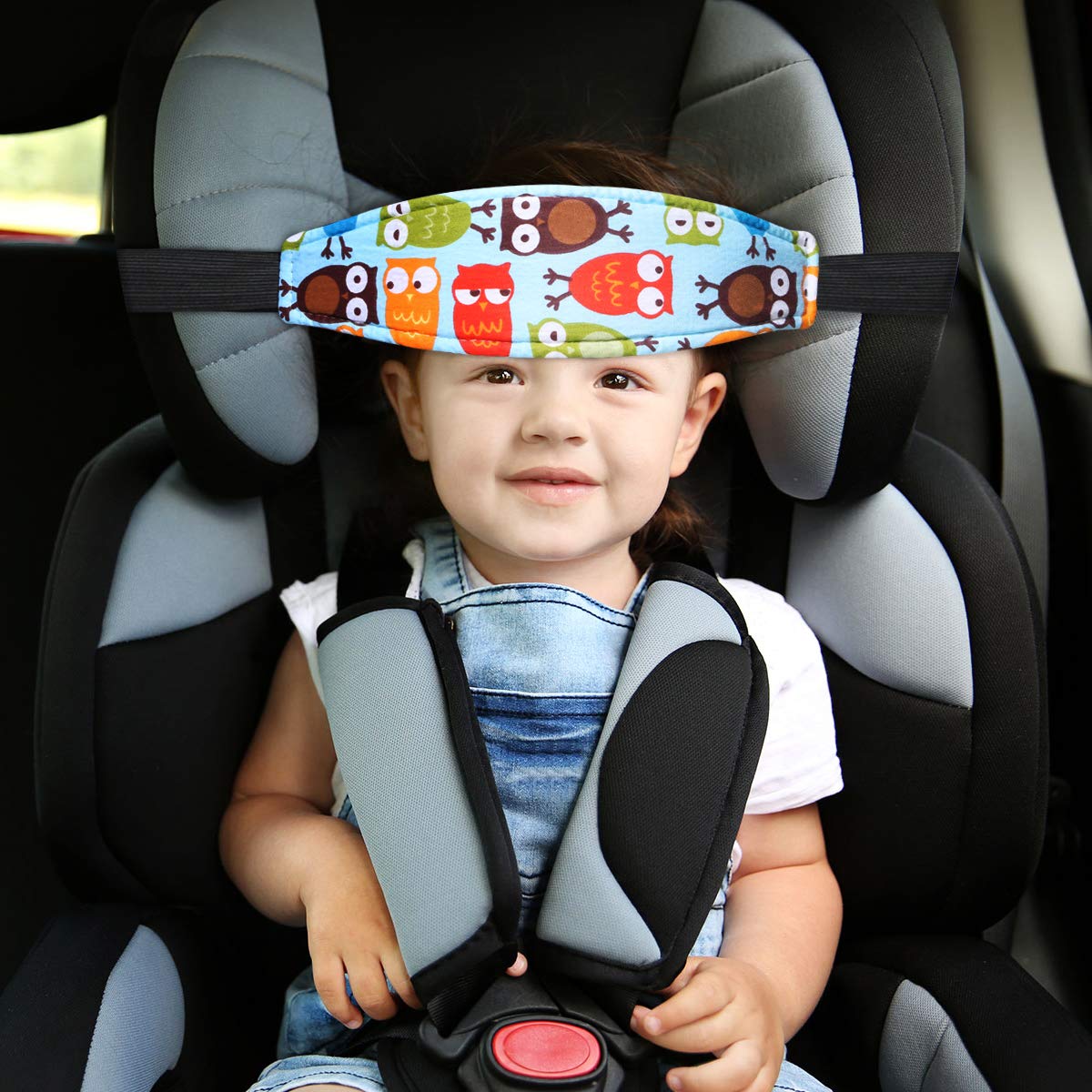 Baby Carseat Head Support,Car seat Straps Pillow Support Ban,Stroller Neck Relief Strap Headrest,Slumber Sling Sleep Positioner for Toddler Infants Child Children Kids（Blue Elephant + Owl）