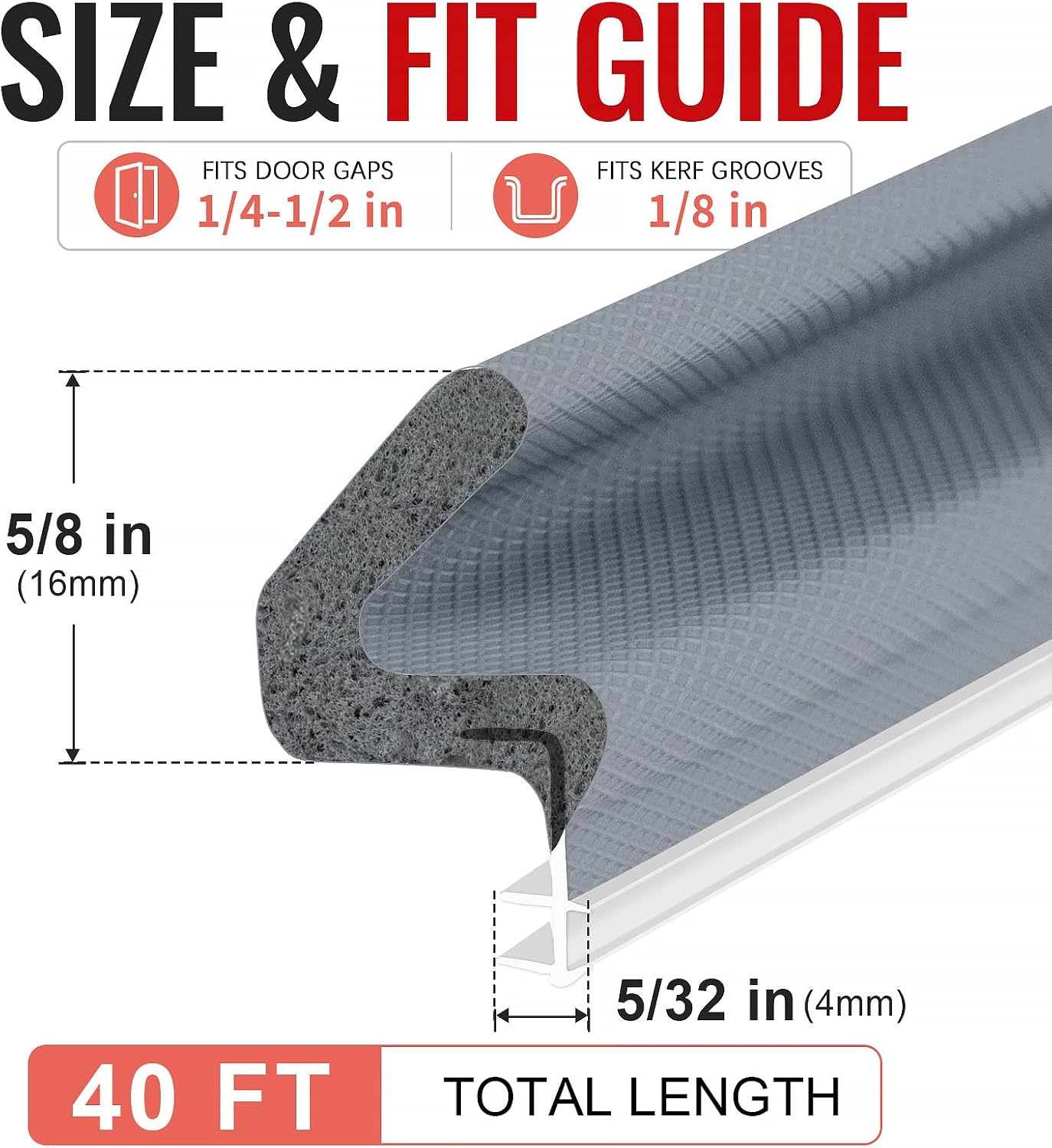 Litaibai 40 ft Kerf Weather Stripping Door Seal for Exterior Doors, Gray