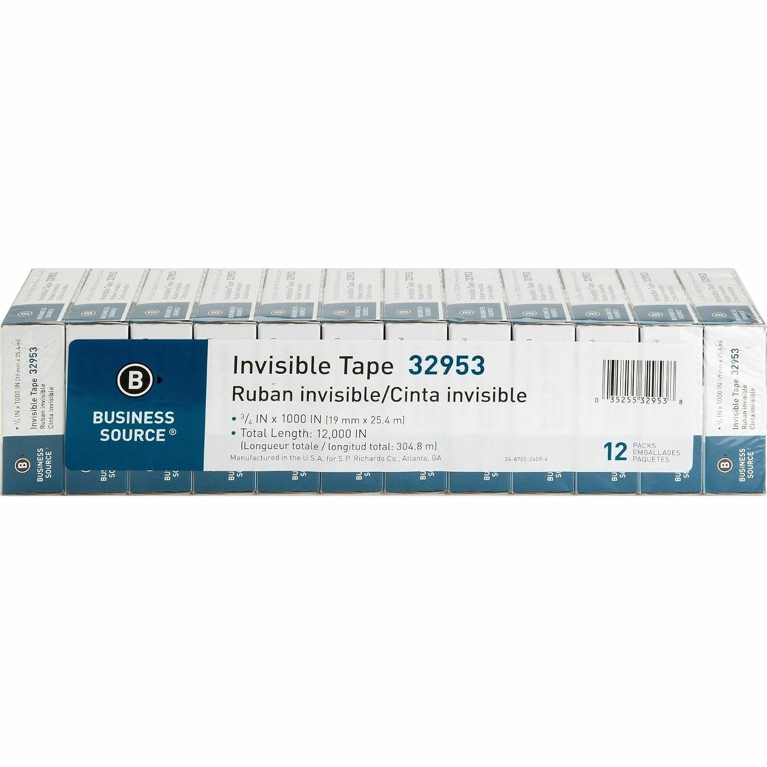 Business Source Premium Invisible Tape Refill Roll, 1" Core, 0.75" x 1000", 12 / Pack, 12 Packs/Carton (144 Total Rolls)