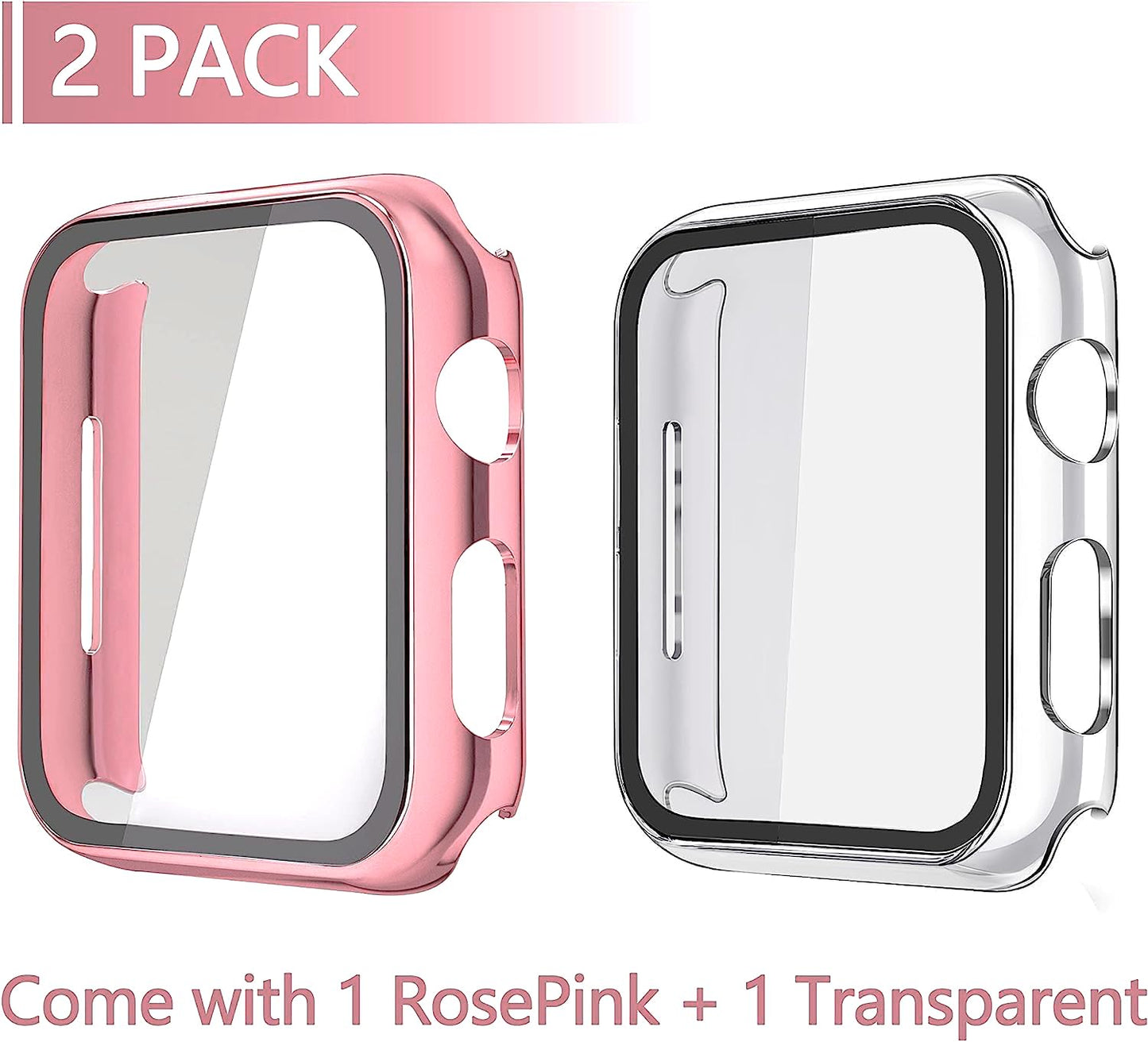 Misxi 2 Pack Hard PC Case with Tempered Glass Screen Protector Compatible with Apple Watch Series 6 SE Series 5 Series 4 44mm, 1 Rose Pink + 1 Transparent