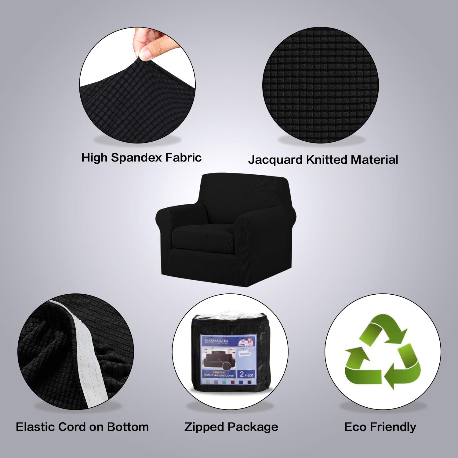 H.VERSAILTEX 2 Piece Stretch Stylish Furniture Cover/Protector Chair Covers for Living Room Soft with Elastic Bottom for Kids, Spandex Jacquard Fabric Small Checks(Chair, Black)