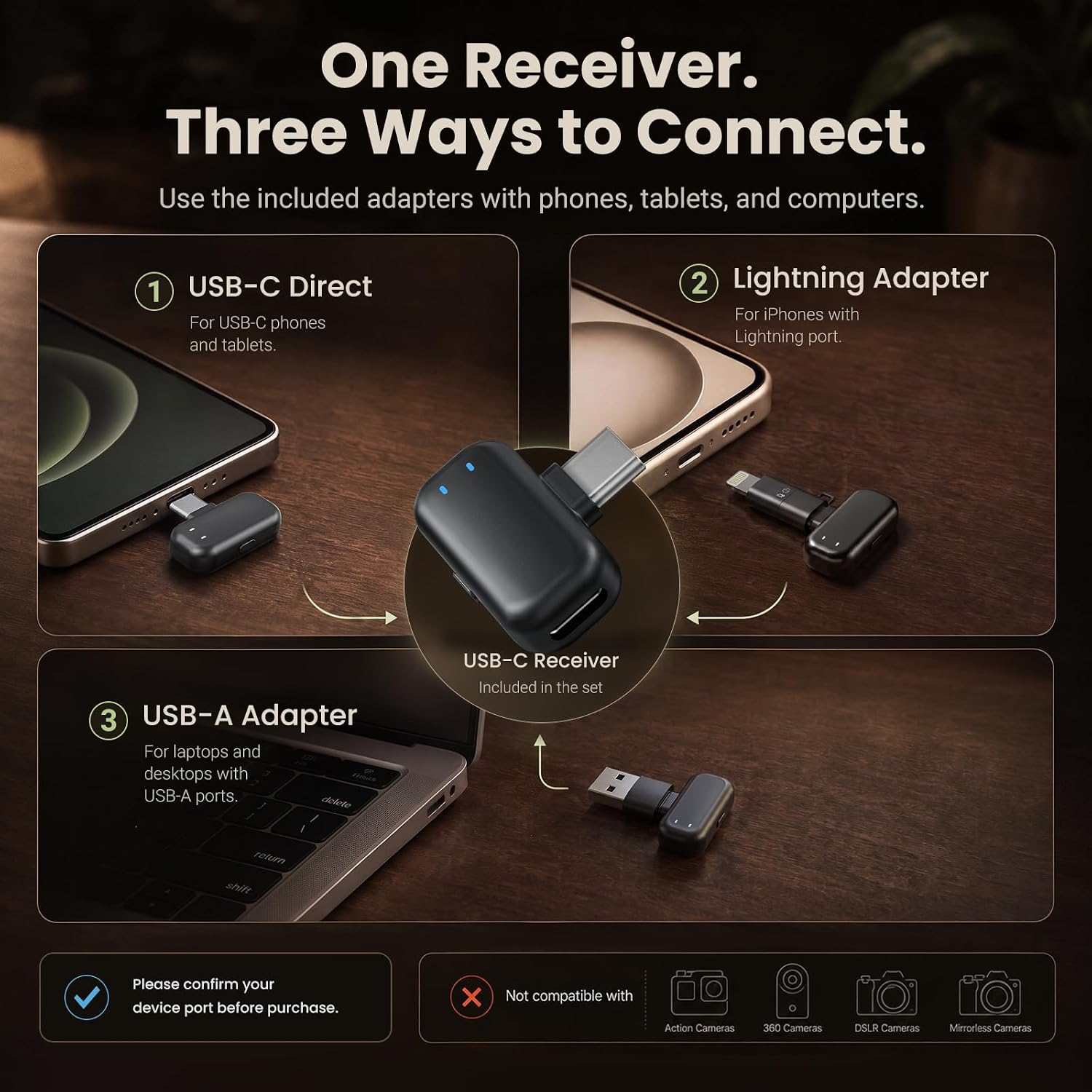 Mini Wireless Lavalier Microphone for iPhone Android Camera, Dual Channel Wireless Microphones with AI Noise Cancellation, 328ft Range, 36H Battery Case, Type-C, Lightning & USB Plug & Play