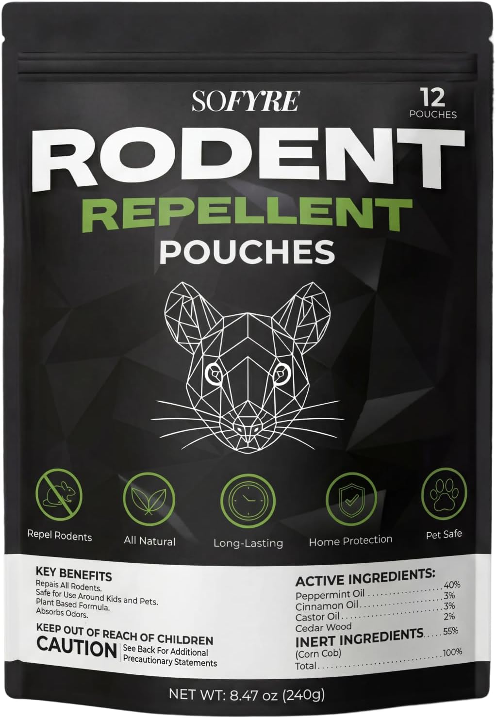 SoFyre Rodent Repellent Pouches 12-Pack Mouse Repellent for Home RV Garage Car Basement, Mice Indoor & Outdoor Deterrent, Peppermint Cinnamon Cedarwood Rat Repellent, Plant-Based Natural Pest Control