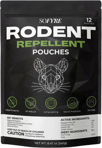 SoFyre Rodent Repellent Pouches 12-Pack Mouse Repellent for Home RV Garage Car Basement, Mice Indoor & Outdoor Deterrent, Peppermint Cinnamon Cedarwood Rat Repellent, Plant-Based Natural Pest Control