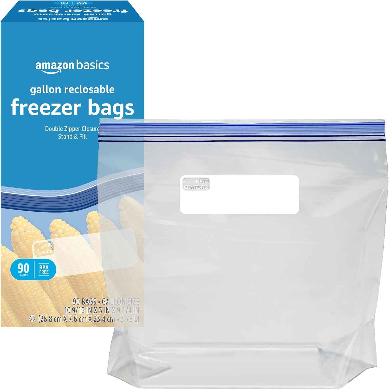 Amazon Basics Reclosable Freezer Gallon Size Bags with Double Zipper Seal, Stand-Up Bottom, BPA Free, 90 Count (Previously Solimo)