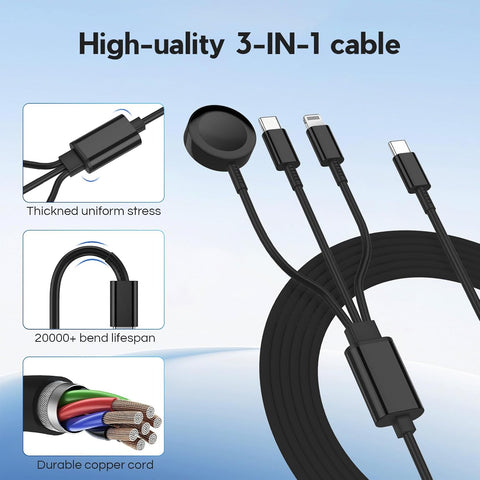 Upgraded Apple Watch Charger, 3 in 1 Multi Charging Cable 6FT, Magnetic Fast Charger, Portable Fast Charging Cable Cord for iWatch Series Ultra SE 3/11/10/9/8/7/6/iPhone17 16 15/14/13/12/11,Black