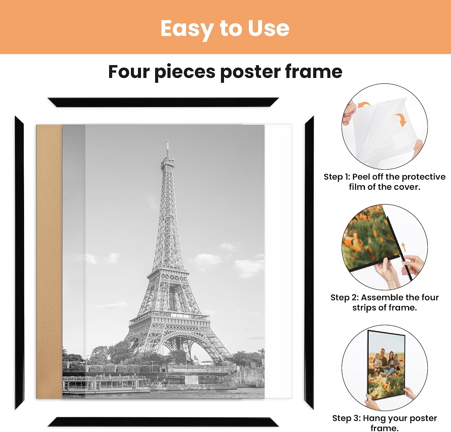upsimples 24x36 Poster Frame, Easy Slide-In Assembly, Black, 3 Pack