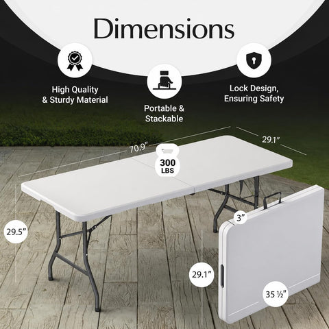 6 Feet Foldable Table with Built in Handle & Steel Legs | 6FT Heavy Duty Folding Portable | Perfect for Party, Dining, Wedding, Events, Picnic Indoor, Outdoor, Camping, Utility, Folding - 6 Foot