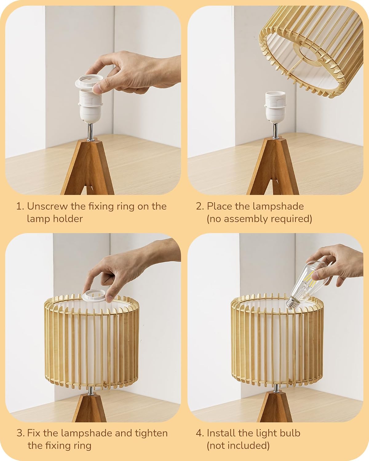 EDISHINE 14.17" Small Table Lamp, Wood-Colored Hollow Shade, E26 Base